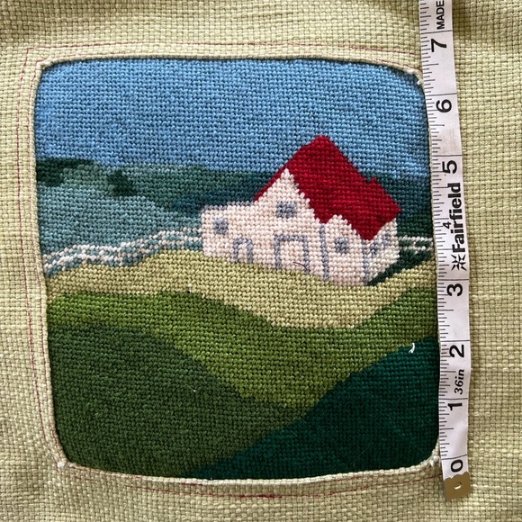 Needlepoint Pillow Scenic Farmhouse Landscape Handmade, 15x15” - Picture 7 of 7